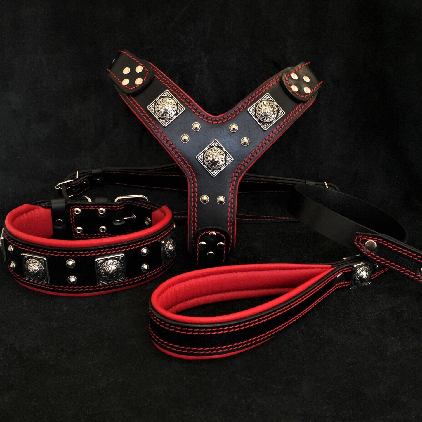 BIG dog SET- Harness - collar - lead. Black & Red